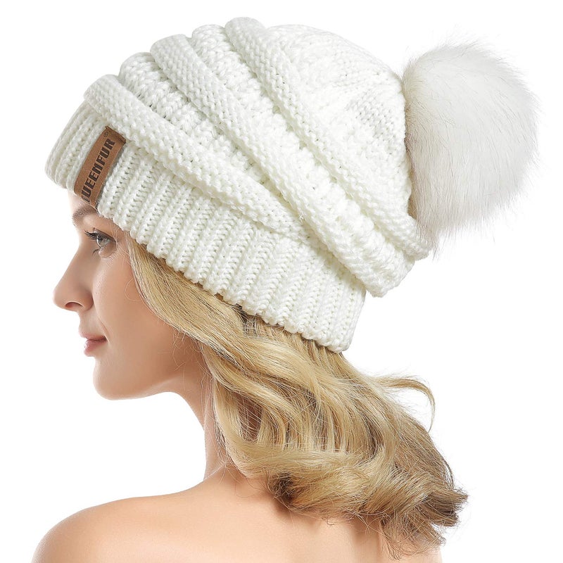 QUEENFUR Women Knit Slouchy Beanie Chunky Baggy Hat with Faux Fur Pompom Winter Soft Warm Ski Cap - Image 1